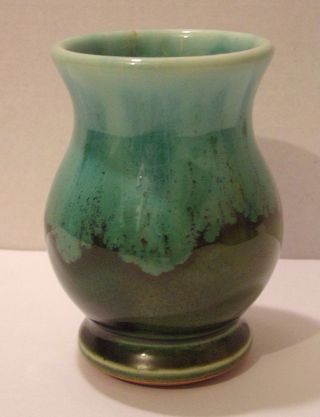 Artist Signed Glazed Ceramic Vase Cup Mug Teal Blue Olive Green Vintage Pottery