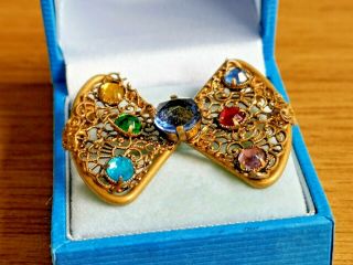 Vintage Jewellery Old Czech Filgree Multi Crystal Bow Butterfly Brooch