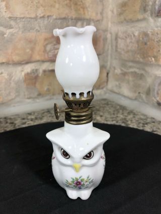 Vintage Owl Mini Oil Lamp Ruffled Chimney Glass Hong Kong Flowers Floral