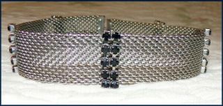 Estate Vintage Silver Metal Mesh Choker Necklace With Black Stones/rhinestones