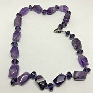 Vintage Rough Cut Amethyst And Glass Necklace With Silver Clasp