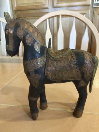 Vintage Hand Carved Wood Horse Sculpture With Brass And Copper