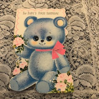 Vintage Greeting Card Baby First Birthday Blue Bunny Rabbit Flowers