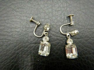 Vintage Screw Back Earrings W/ Dangling Clear Rectangular Shaped Rhinestone