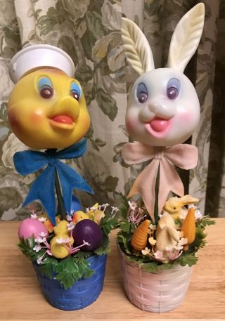 Vintage Easter Decoration Blow Mold Sailor Duck & Bunny Rabbit Plastic Flowers