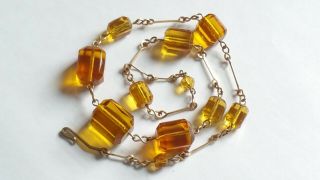 Czech Vintage Art Deco Prism Faceted Glass Bead Necklace Rolled Gold Links