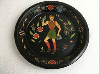 Vintage Hand Painted Folk Art Tole Tin Tray Pie Plate Usa Made German Girl H