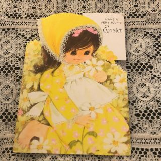 Vintage Greeting Card Easter Girl Yellow Dress Daisies Flowers