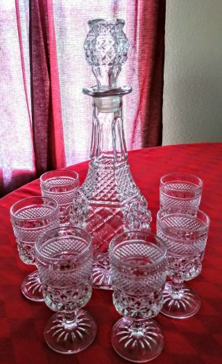 Vintage Anchor Hocking Wexford Clear Glass Decanter With 6 Claret Wine Glasses