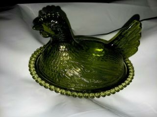 Vintage Indiana Hen On Nest Chicken Green Carnival Glass Covered Dish Candy