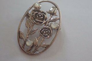 Vintage Sterling Silver Pretty Moonstone Rose Brooch