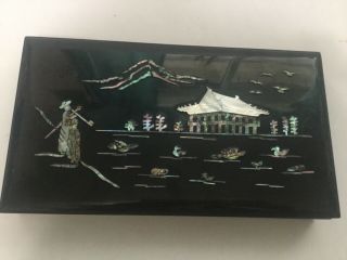 Vintage Asian Black Lacquer Mother Of Pearl Cigarette Box Ashtray Building Birds