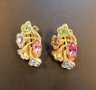 Vintage Bocoff Gold And Multi Colored Glass Rhinestone Clip Earrings - Signed -