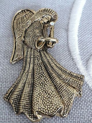 Vintage Antique Goldtone Rhinestone Angel With Candle Faith Guardian Brooch Pin