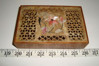 Vintage Wood Jewelry Box With Soapstone Openwork Lid And Floral Mop Inlay
