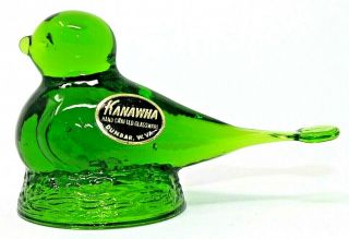 Vintage Kanawha Handcrafted Green Glass Bird On Nest,  4 3/4 " Long W/ Sticker Ec