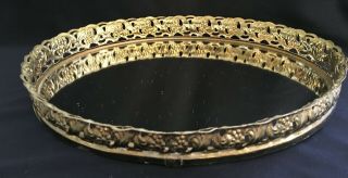 Vtg Filigree Gold Tone Mirror Vanity Tray Oval With 4 Pads 11 3/4 " By 9 1/4 "