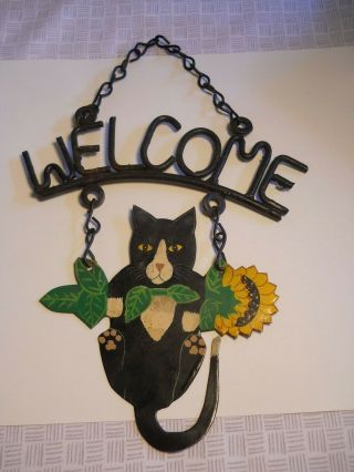 Vintage Wrought Iron Tin Hanging Welcome Sign Black Cat Sunflowers