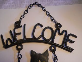 Vintage Wrought Iron Tin Hanging Welcome Sign Black Cat Sunflowers 3