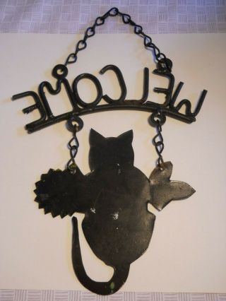 Vintage Wrought Iron Tin Hanging Welcome Sign Black Cat Sunflowers 5