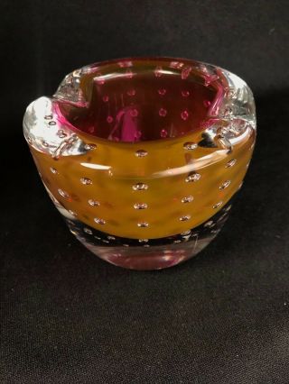 Vintage Art Glass Ashtray Controlled Bubble Clear Over Amethyst