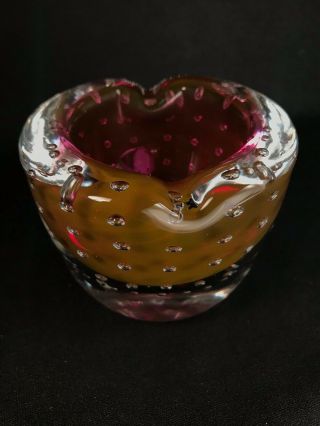 Vintage Art Glass Ashtray Controlled Bubble Clear Over Amethyst 4