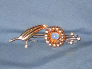 Vintage Sterling Vermeil Clear Rhinestone Blue Cabochon Flower Pin Brooch