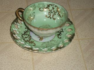 Vintage Royal Sealy China Green W/gold Color Flowers Cup & Saucer