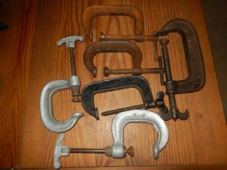 Vintage (6) Large Heavy C Clamps 2 - 4 And 6 Inch Bat Wing Handles