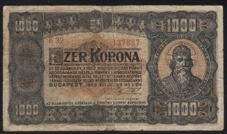1923 Hungary 1000 Korona Old Vintage Paper Money Banknote Currency Note P 75a Vg