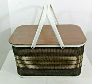 Vintage Redmon Wicker Picnic Basket Woven Brown Metal Handles