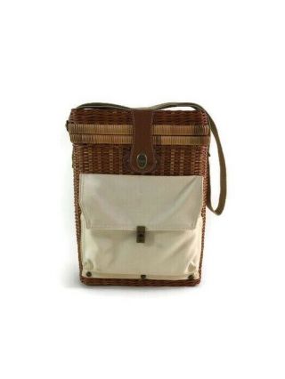 Vintage Wine Tote Carrier Holder Wicker - Rattan 3 Bottle Fabric Lined 14 " Tall