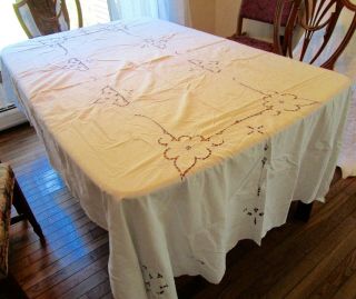 Vintage White Cotton Embroidered Cut Work Tablecloth 82 X 96 " Cutter?