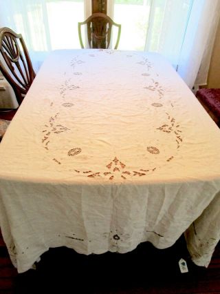 Vintage Linen Tablecloth,  Cut - Work,  Needle Lace & Embroidery Banquet Size 102 " L