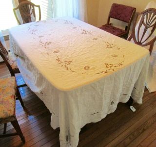 Vintage Linen Tablecloth,  Cut - Work,  Needle Lace & Embroidery Banquet Size 102 