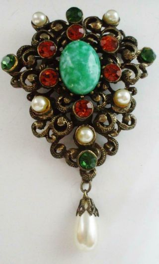 Elegant Vintage Filigree Pin Brooch W/orange & Green Rhinestones,  Faux Pearls