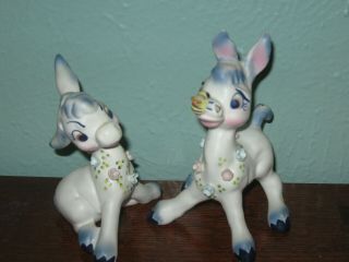 Vintage Anthropomorphic Donkey Figurine Pair - Bumble Bee On Nose - Pink Flowers