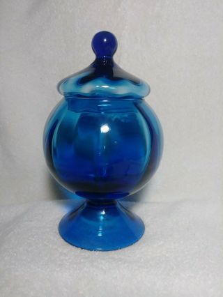 Vintage Blue Covered Glass Candy Dish Pedestal Dish 9 " Tall Wave Color Effect