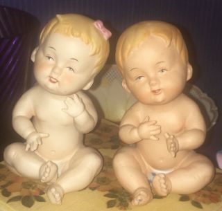 Vintage Piano Babies Bisque Figurines Boy Girl Diapers Pink Blue Polkadots