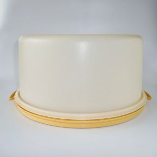 Tupperware Round Cake Carrier Holder Large Butter Gold Sheer Lid Vtg No Strap