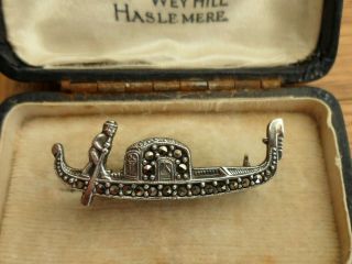 Vintage Jewellery Silver 835 Marcasite Venetian Gondola Boat Brooch Pin