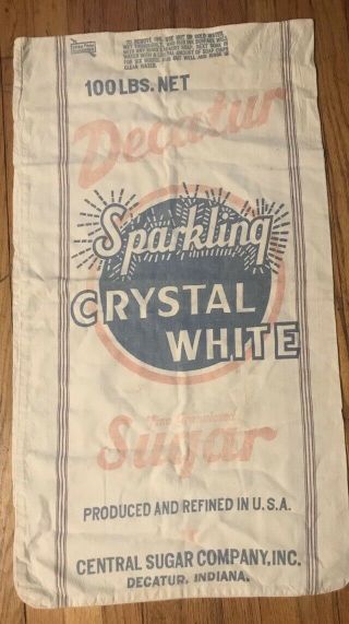 Vtg 100 Pound Cloth Crystal White Advertising Central Sugar Bag Decatur Indiana