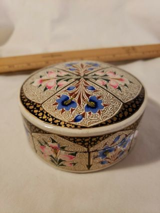 Vintage Kashmir Paper Mache Rare Handpainted Flower Trinket Box Rare Pattern