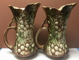 Set Of 2 Vintage Mccoy Usa Pottery Pitcher/vase Leaf/grape Design.  9.  5 In Tall