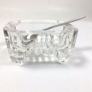 Vintage Cut Glass Open Salt Cellar With Sterling Silver Spoon