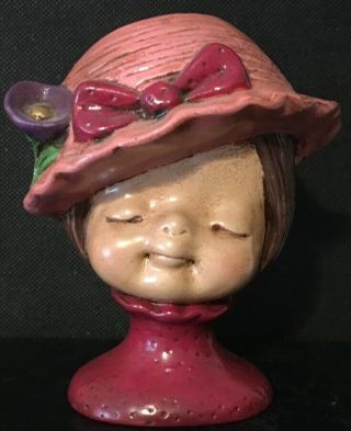 Vintage Lady Head Vase Red Purple Pink Hat & Bow 4 1/2 " Tall
