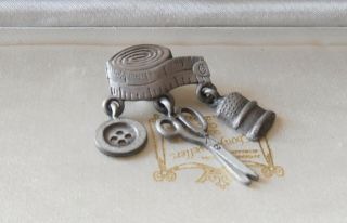 Vintage Signed Jj Jonette Jewels Pewter Sewing Brooch/pin