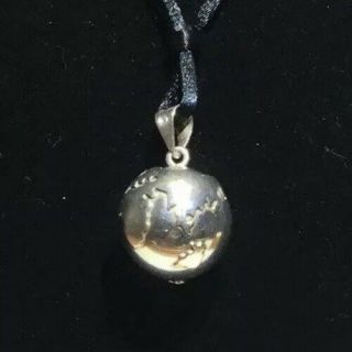 Vintage Alpaca Silver Globe World Charm Pendant Harmony Bell W/black Silk Cord
