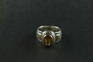 Vintage Sterling Silver Decorative Yellow Stone Oval Ring - 7g