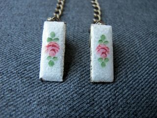 Vintage Cute Hand Painted Enamel Rose Flower & Leaves Golden Sweater Pin Clips